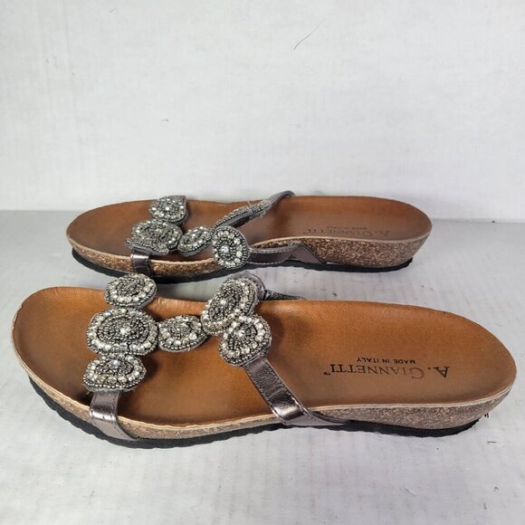 A. Giannetti Women Beaded Silver Metallic Leather Slip-On Sandals Size 7.5 - Picture 2 of 9